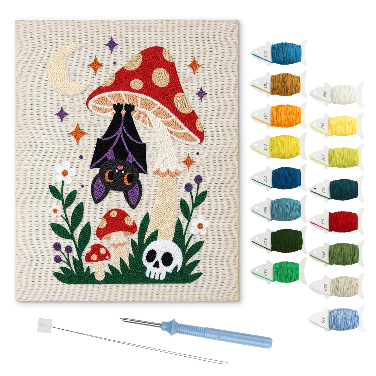 Bat Under a Toadstool punch needle kit: finished canvas with threads, punch needle and threader