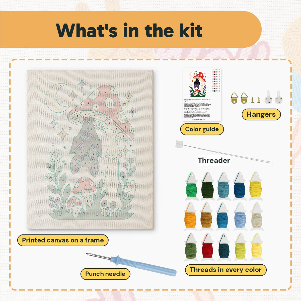 What is in the Bat Under a Toadstool kit: printed canvas, punch needle, threader, threads, color guide and hangers
