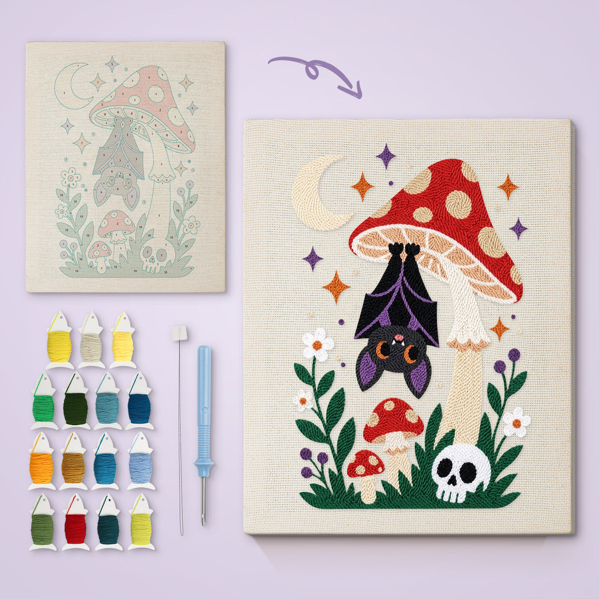 Bat Under a Toadstool canvas before and after punching, with the threads and tools