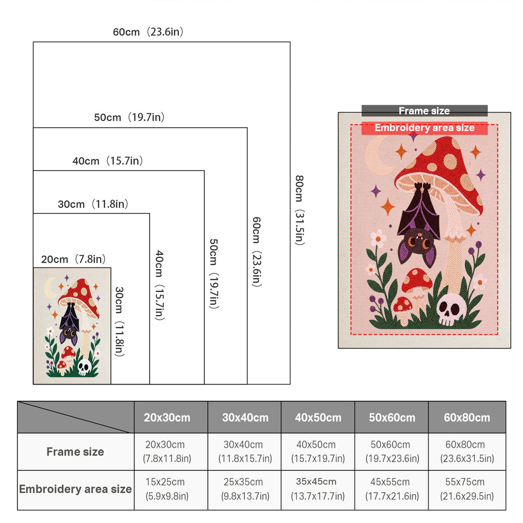 Size chart for punch needle kits from 20 x 30 cm to 60 x 80 cm