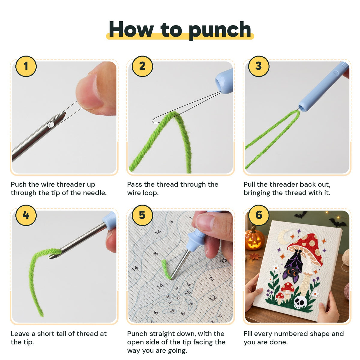 Six steps showing how to thread and use the punch needle