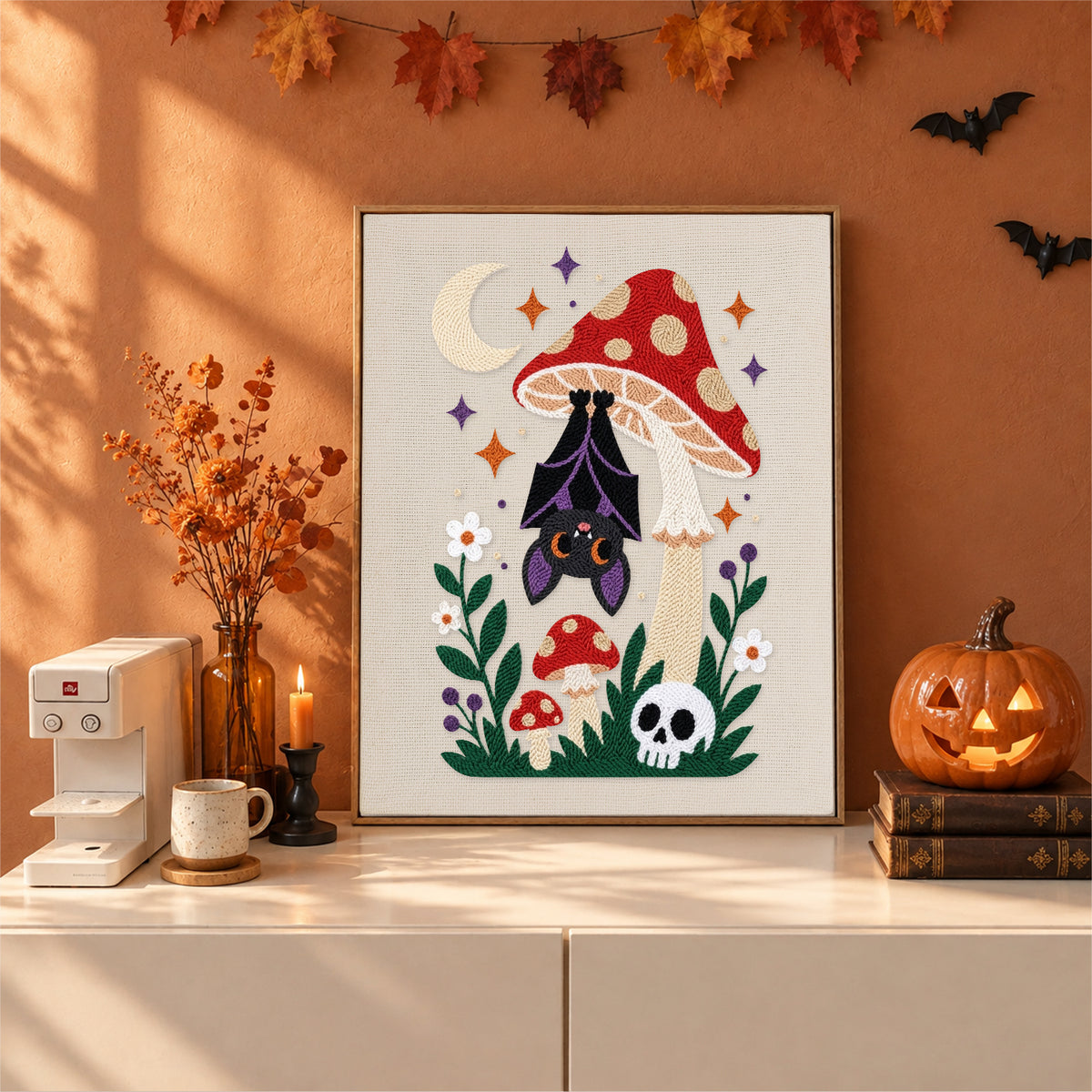 Finished Bat Under a Toadstool punch needle canvas on a wall