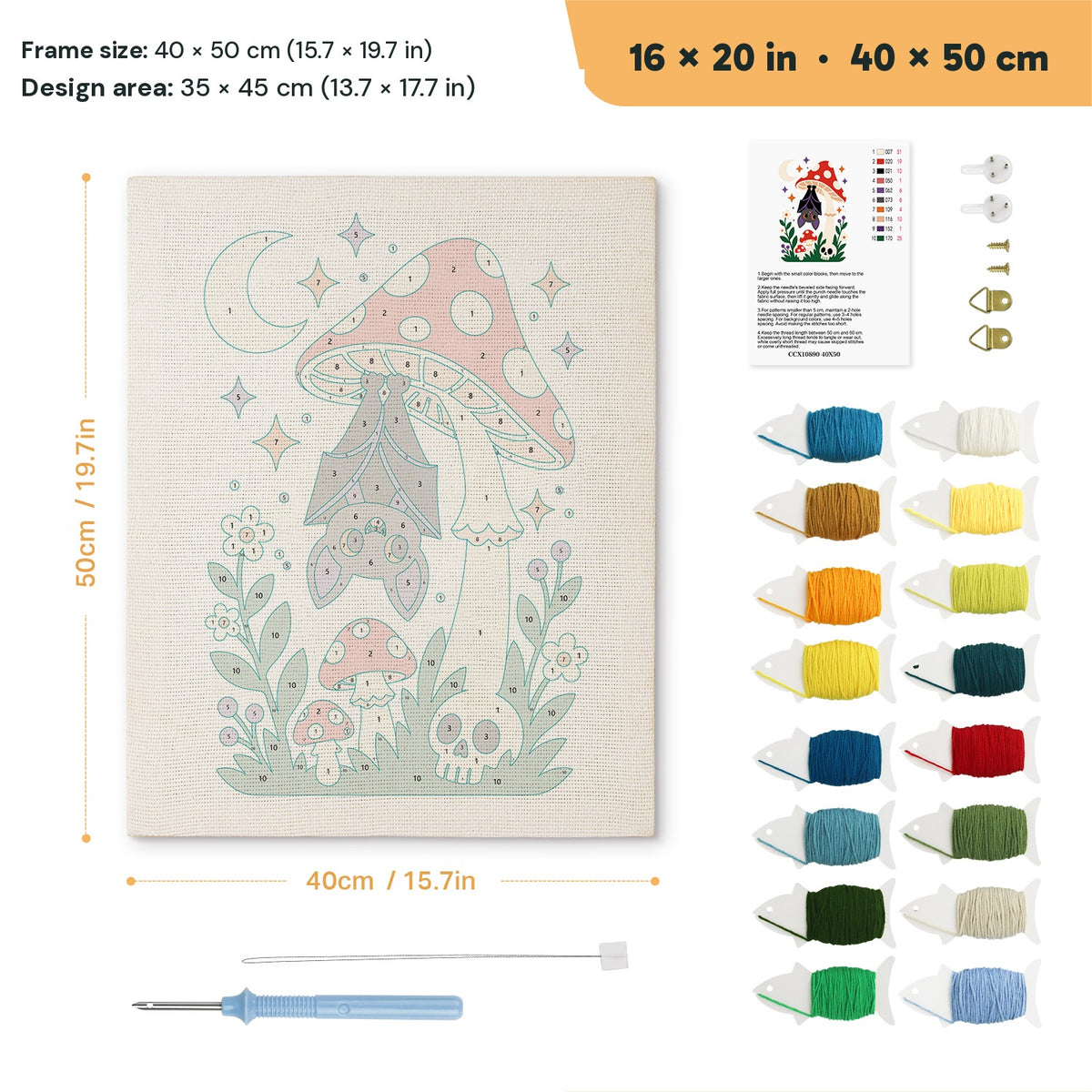 Bat Under a Toadstool punch needle kit, 16 × 20 in (40 × 50 cm): canvas size and kit contents