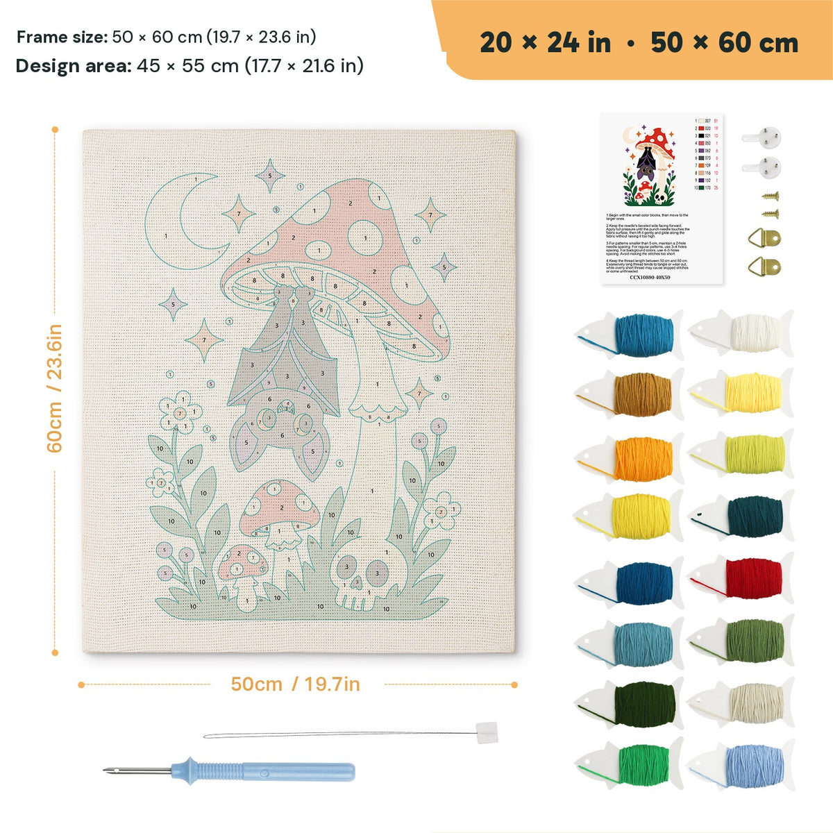 Bat Under a Toadstool punch needle kit, 20 × 24 in (50 × 60 cm): canvas size and kit contents