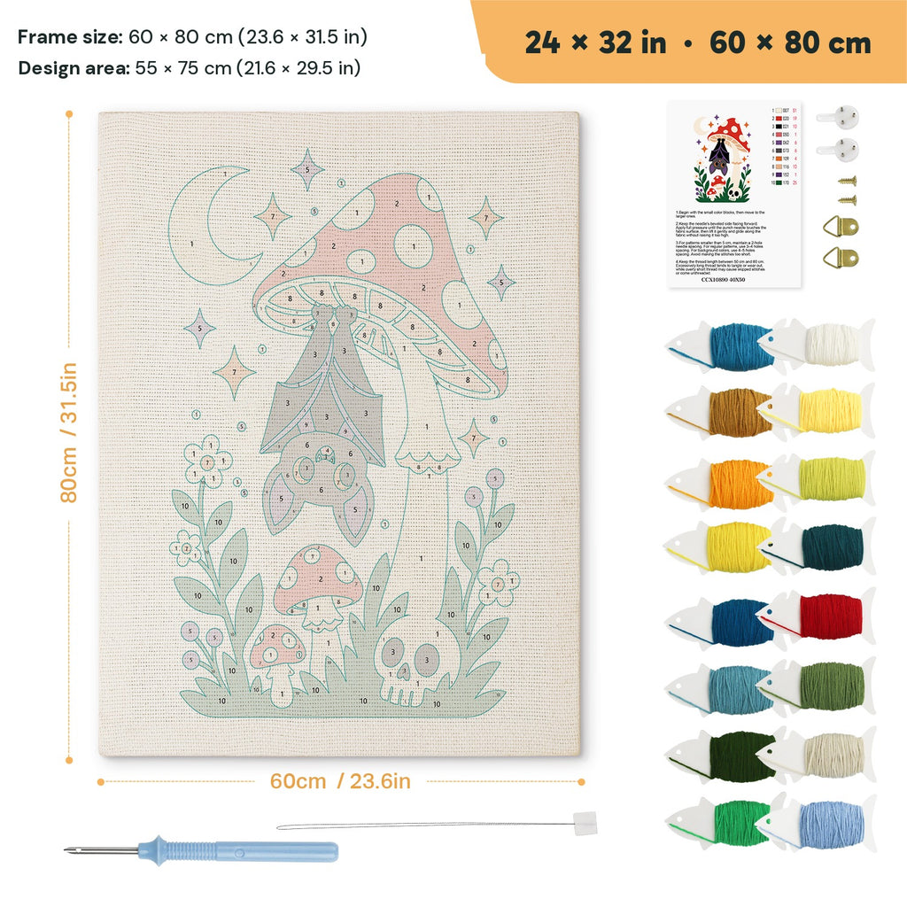 Bat Under a Toadstool punch needle kit, 24 × 32 in (60 × 80 cm): canvas size and kit contents
