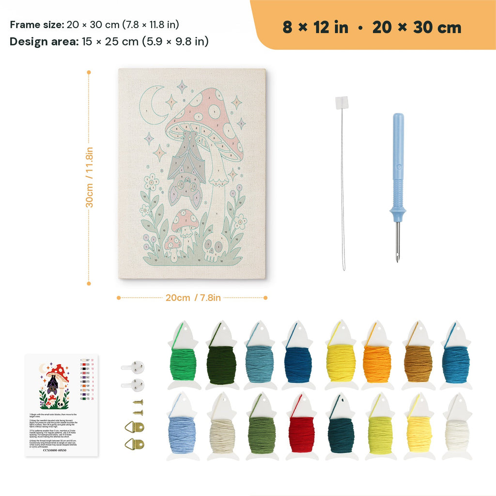 Bat Under a Toadstool punch needle kit, 8 × 12 in (20 × 30 cm): canvas size and kit contents