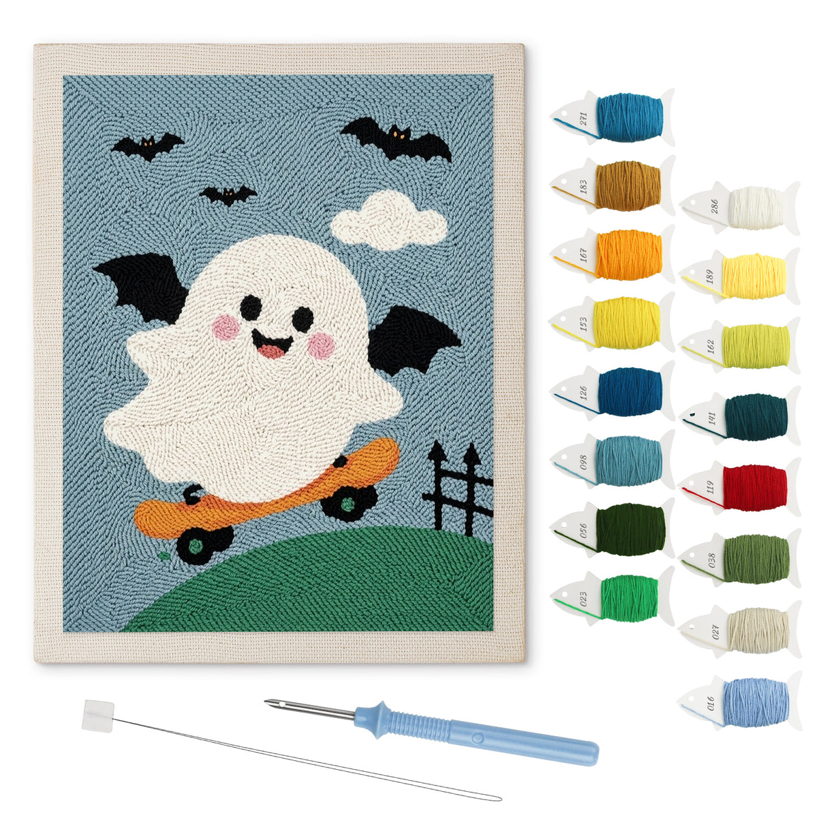 Bat Wing Ghost Skater punch needle kit: finished canvas with threads, punch needle and threader