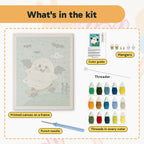 What is in the Bat Wing Ghost Skater kit: printed canvas, punch needle, threader, threads, color guide and hangers