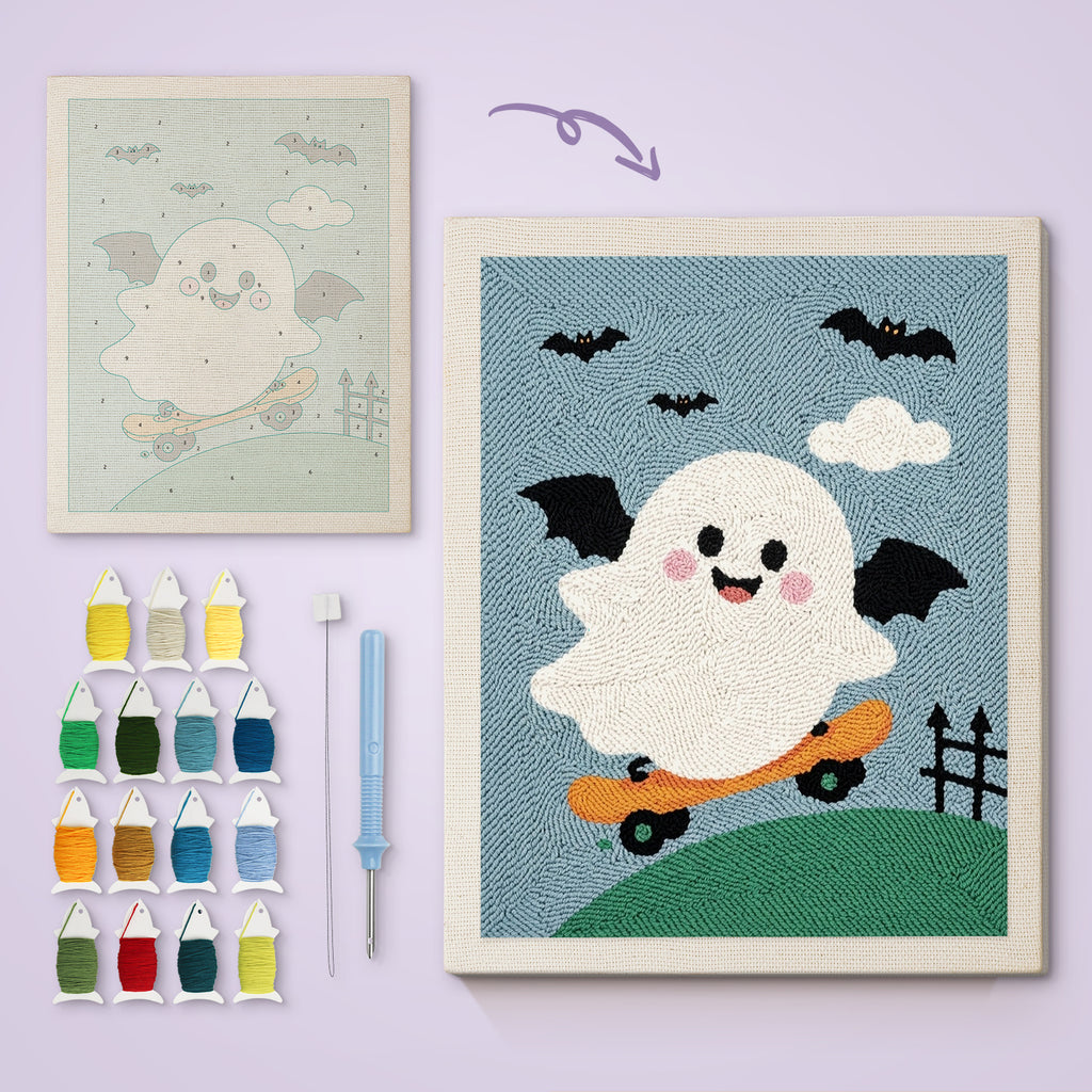 Bat Wing Ghost Skater canvas before and after punching, with the threads and tools
