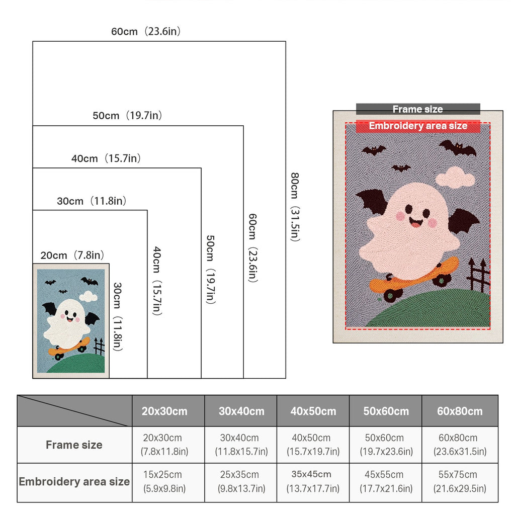 Size chart for punch needle kits from 20 x 30 cm to 60 x 80 cm