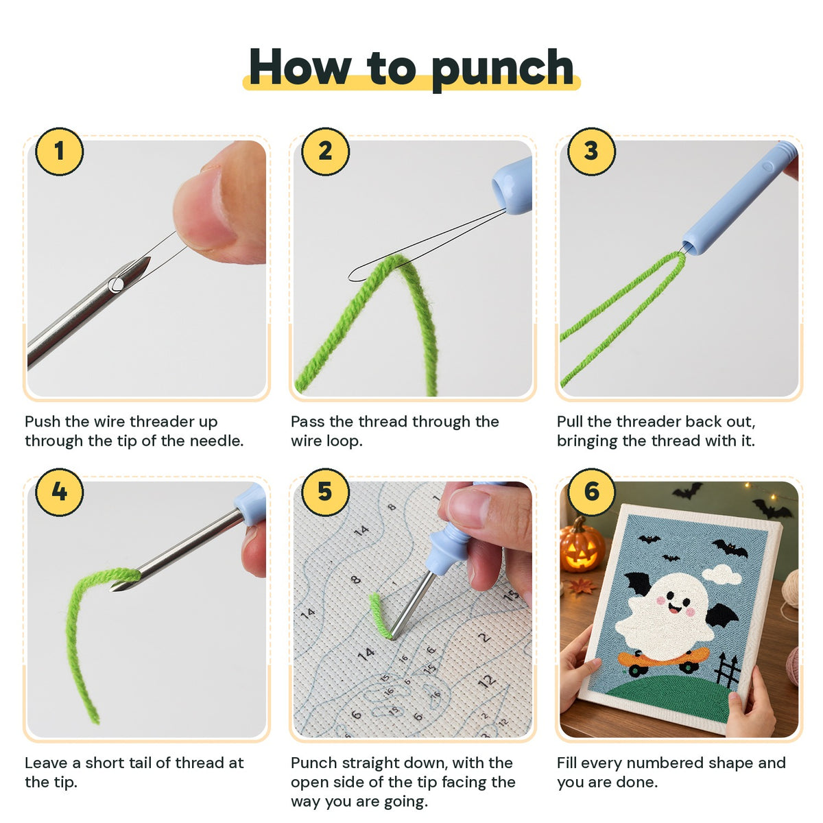 Six steps showing how to thread and use the punch needle
