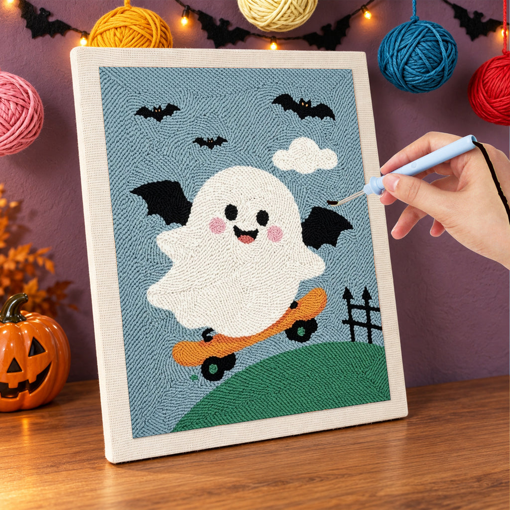 Punching the Bat Wing Ghost Skater design with the punch needle