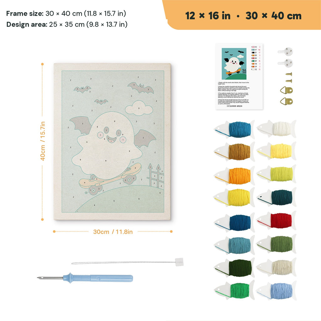 Bat Wing Ghost Skater punch needle kit, 12 × 16 in (30 × 40 cm): canvas size and kit contents