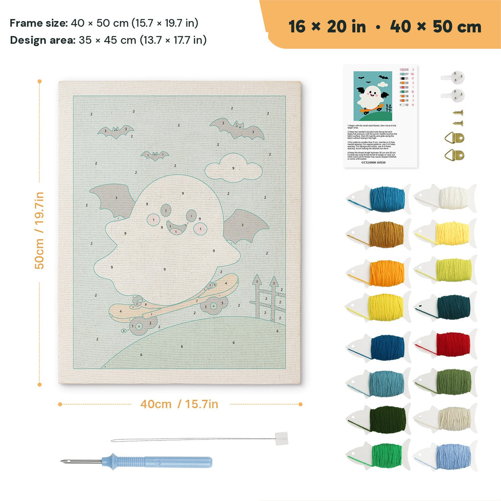 Bat Wing Ghost Skater punch needle kit, 16 × 20 in (40 × 50 cm): canvas size and kit contents