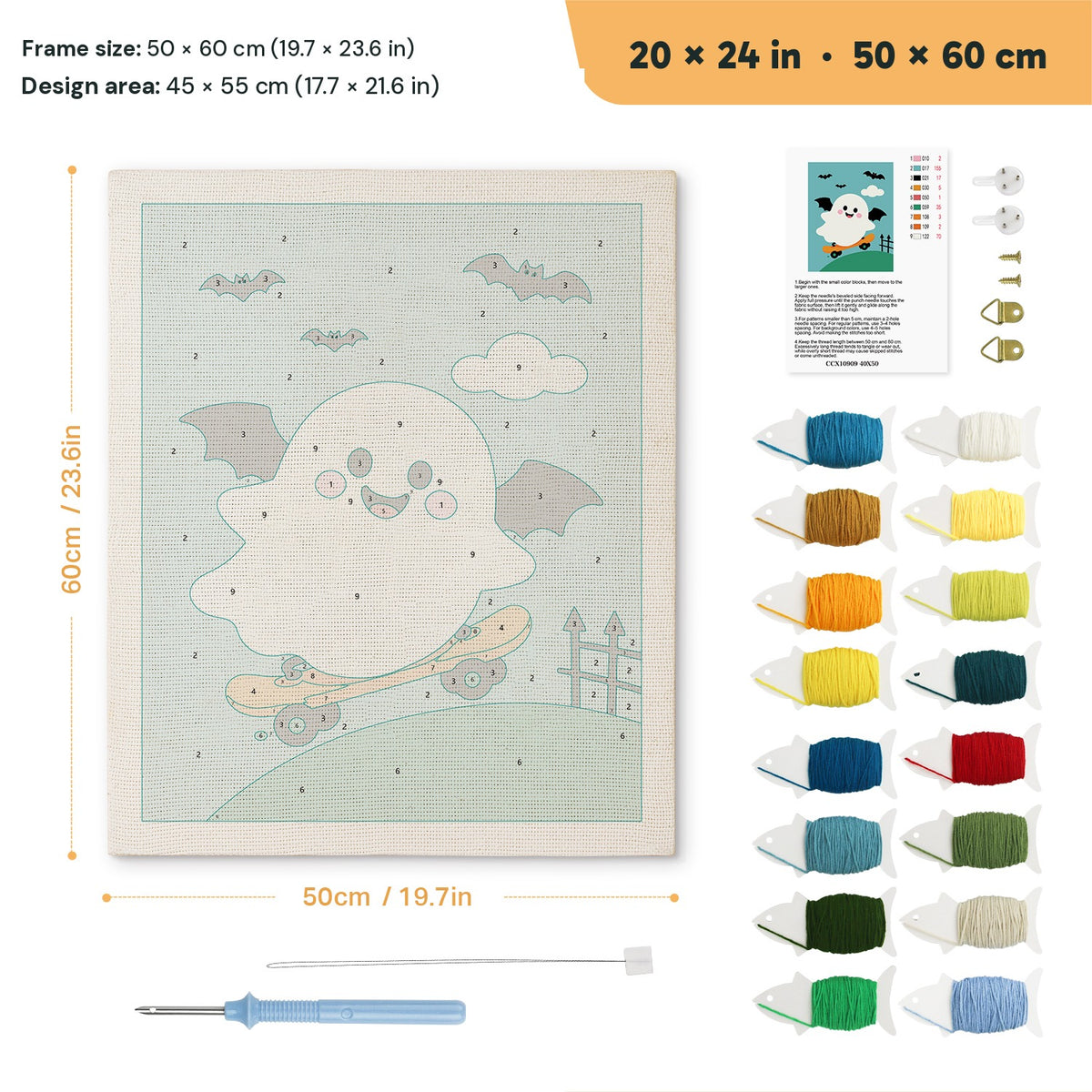 Bat Wing Ghost Skater punch needle kit, 20 × 24 in (50 × 60 cm): canvas size and kit contents