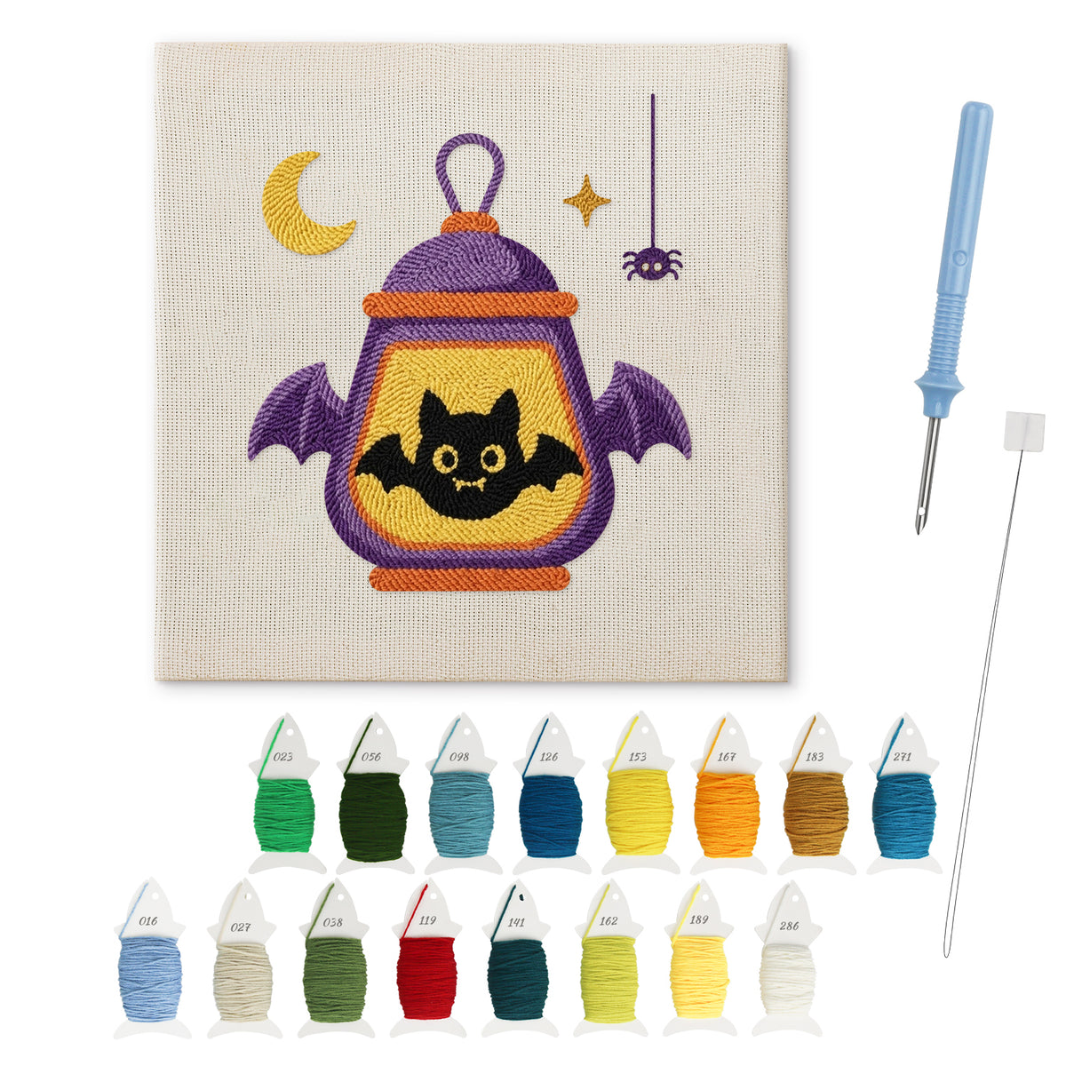 Bat Wing Lantern punch needle kit: finished canvas with threads, punch needle and threader