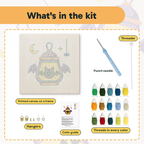 What is in the Bat Wing Lantern kit: printed canvas, punch needle, threader, threads, color guide and hangers