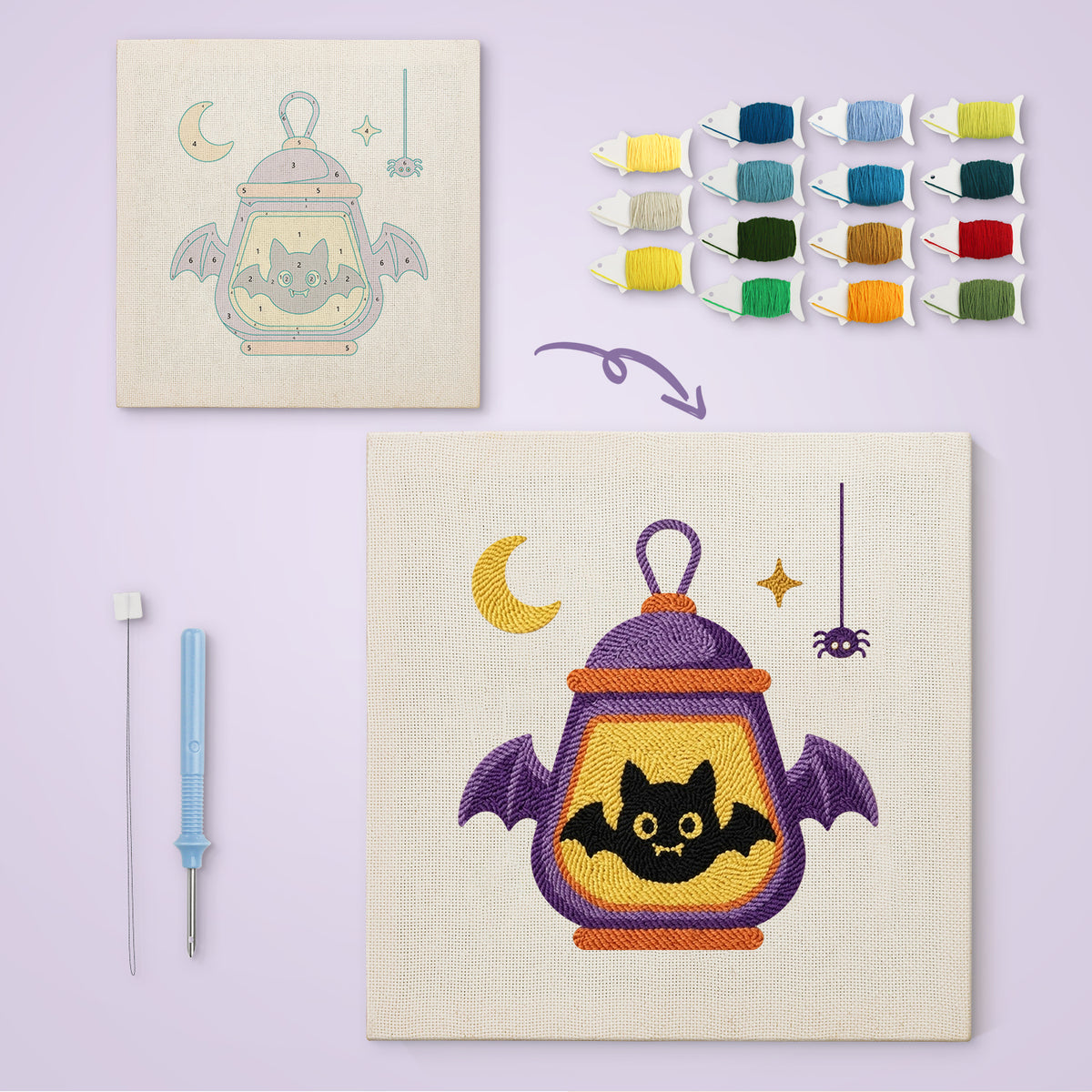 Bat Wing Lantern canvas before and after punching, with the threads and tools