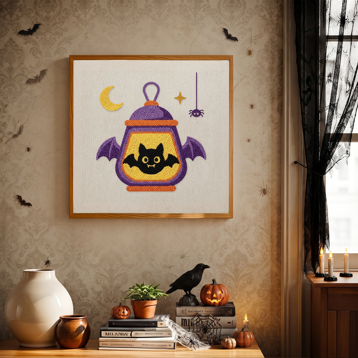 Finished Bat Wing Lantern punch needle canvas on a wall