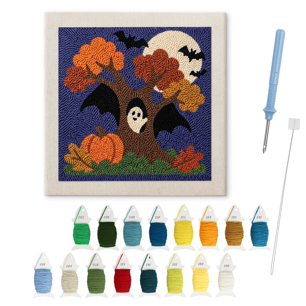 Bat Wing Tree punch needle kit: finished canvas with threads, punch needle and threader