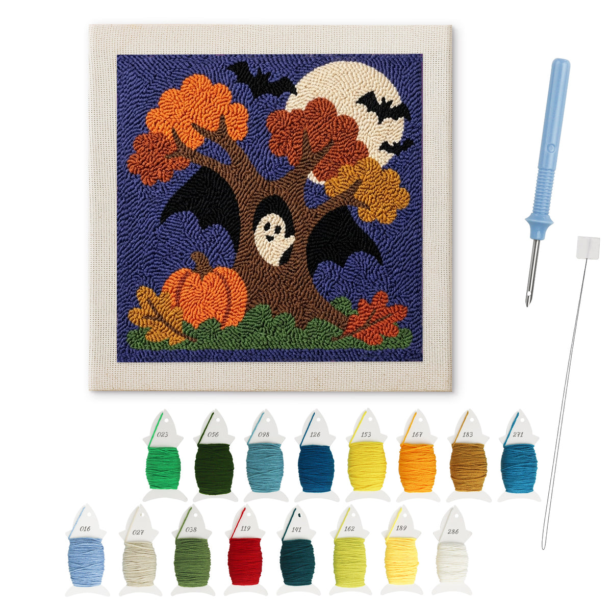 Bat Wing Tree punch needle kit: finished canvas with threads, punch needle and threader