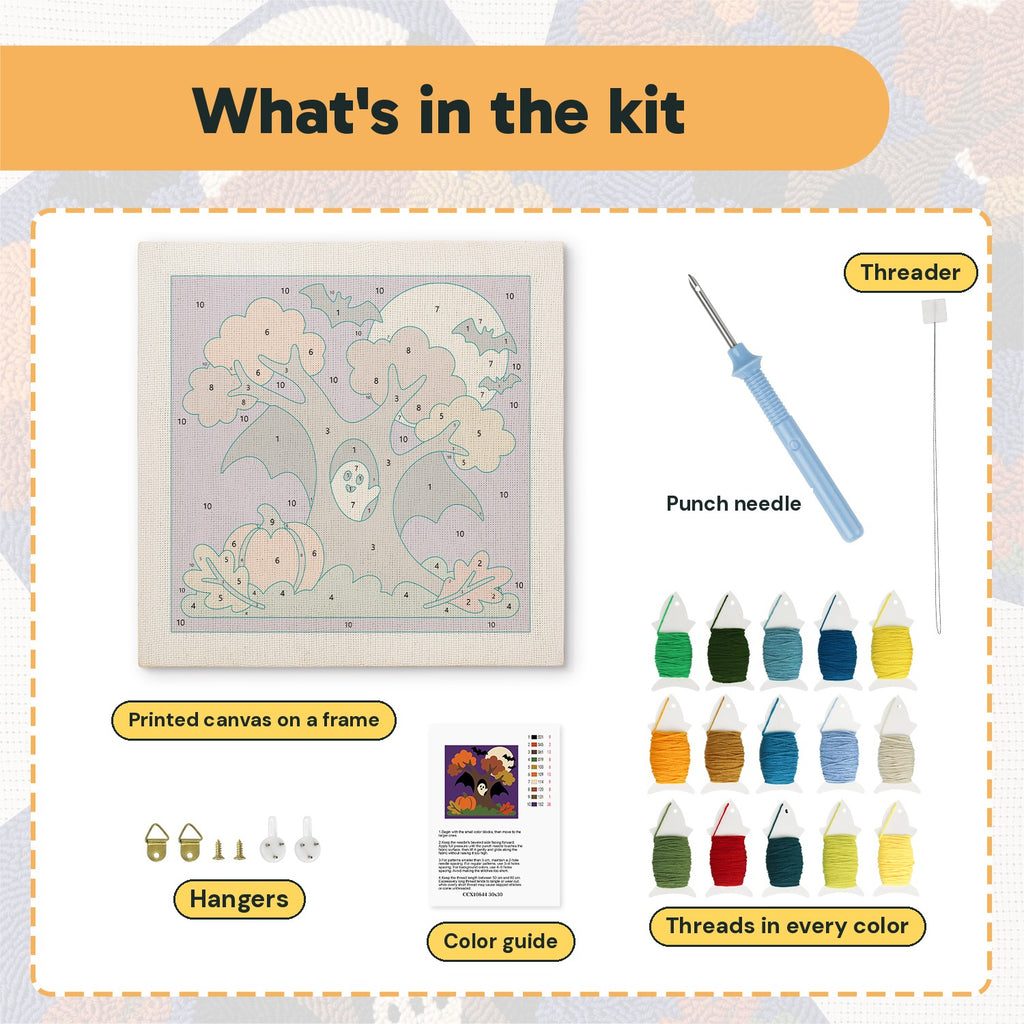 What is in the Bat Wing Tree kit: printed canvas, punch needle, threader, threads, color guide and hangers