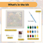 What is in the Bat Wing Tree kit: printed canvas, punch needle, threader, threads, color guide and hangers