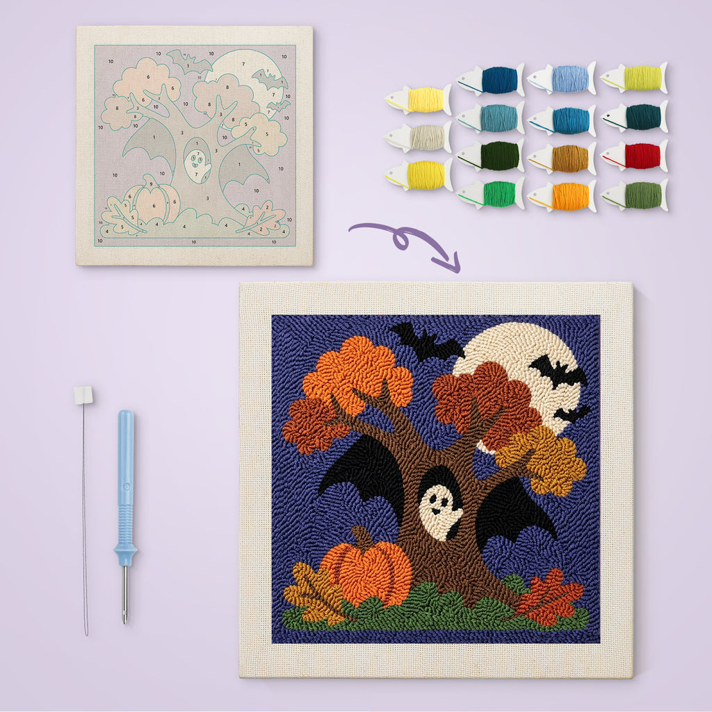 Bat Wing Tree canvas before and after punching, with the threads and tools