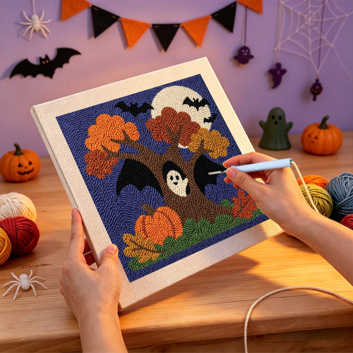 Punching the Bat Wing Tree design with the punch needle