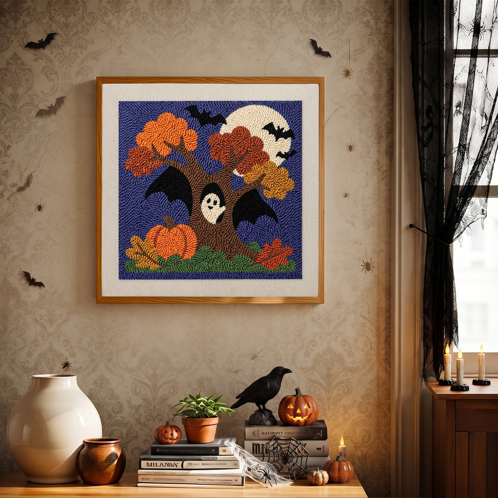 Finished Bat Wing Tree punch needle canvas on a wall