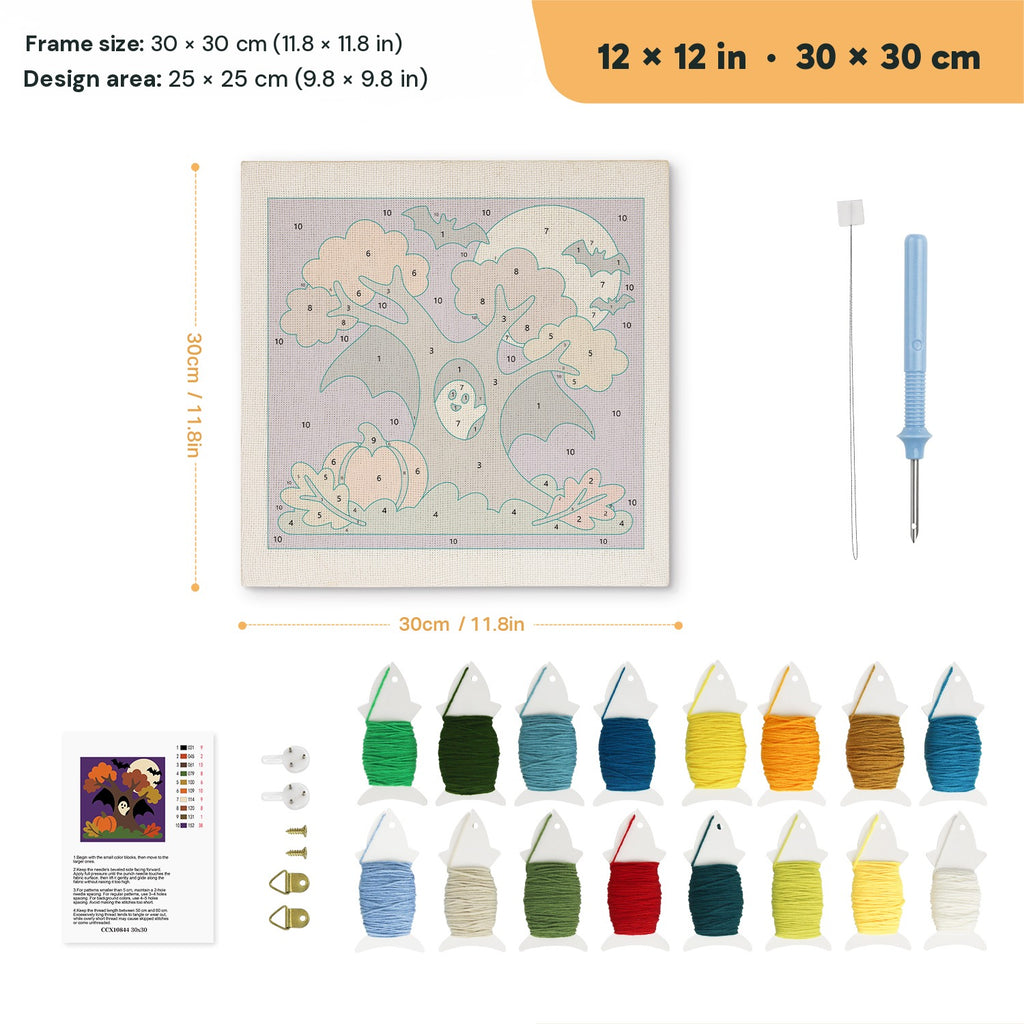 Bat Wing Tree punch needle kit, 12 × 12 in (30 × 30 cm): canvas size and kit contents