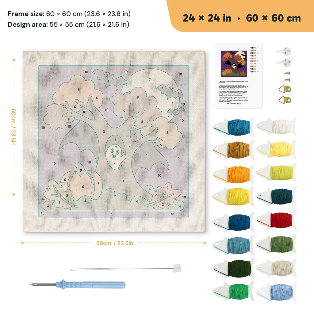 Bat Wing Tree punch needle kit, 24 × 24 in (60 × 60 cm): canvas size and kit contents
