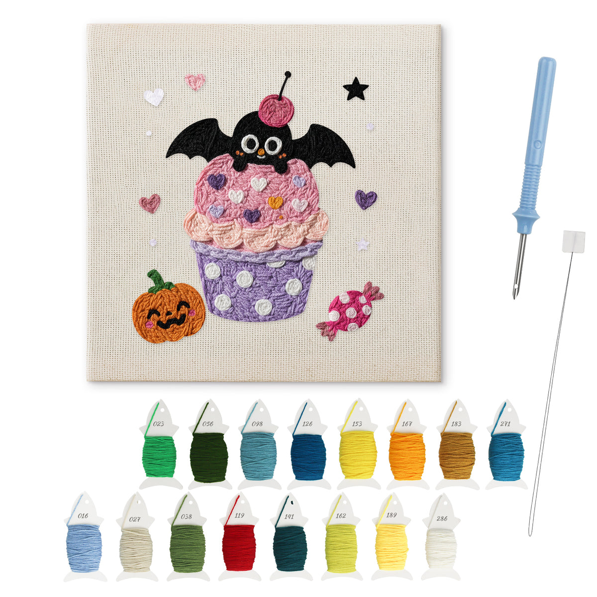 Batty Cupcake punch needle kit: finished canvas with threads, punch needle and threader