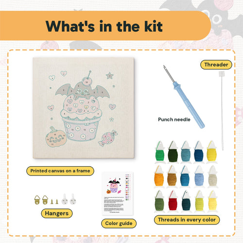 What is in the Batty Cupcake kit: printed canvas, punch needle, threader, threads, color guide and hangers