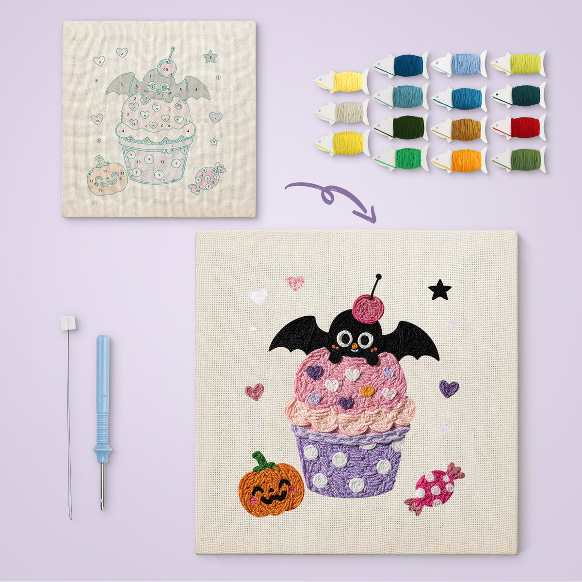 Batty Cupcake canvas before and after punching, with the threads and tools