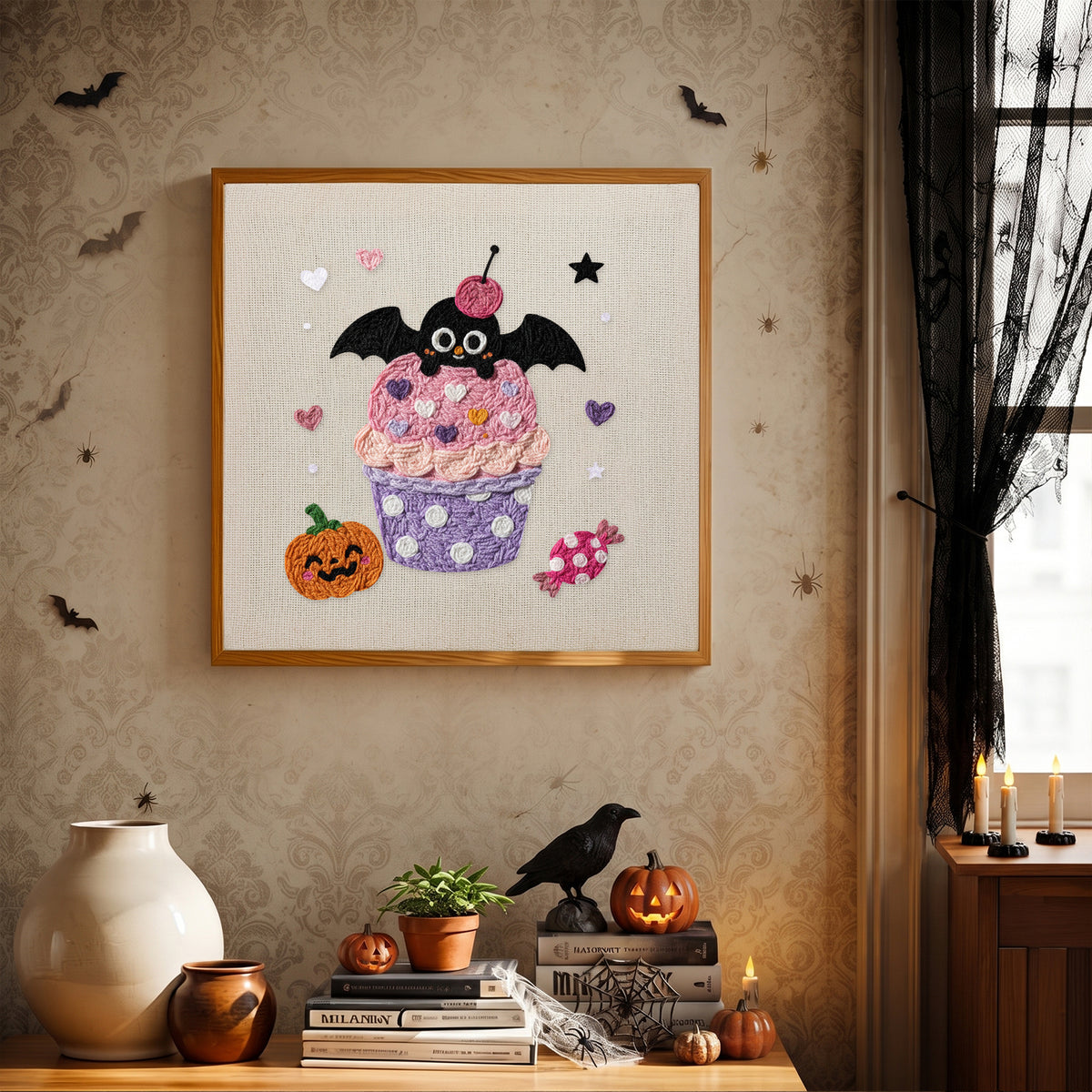 Finished Batty Cupcake punch needle canvas on a wall