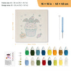 Batty Cupcake punch needle kit, 16 × 16 in (40 × 40 cm): canvas size and kit contents
