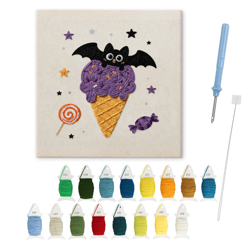 Batty Ice Cream punch needle kit: finished canvas with threads, punch needle and threader