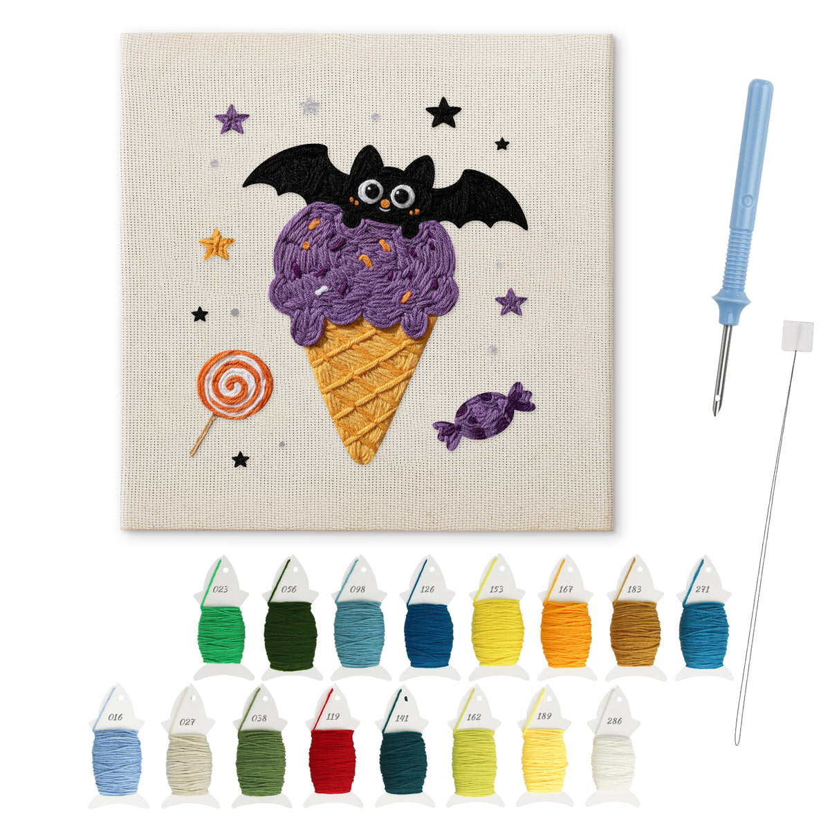 Batty Ice Cream punch needle kit: finished canvas with threads, punch needle and threader