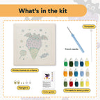 What is in the Batty Ice Cream kit: printed canvas, punch needle, threader, threads, color guide and hangers