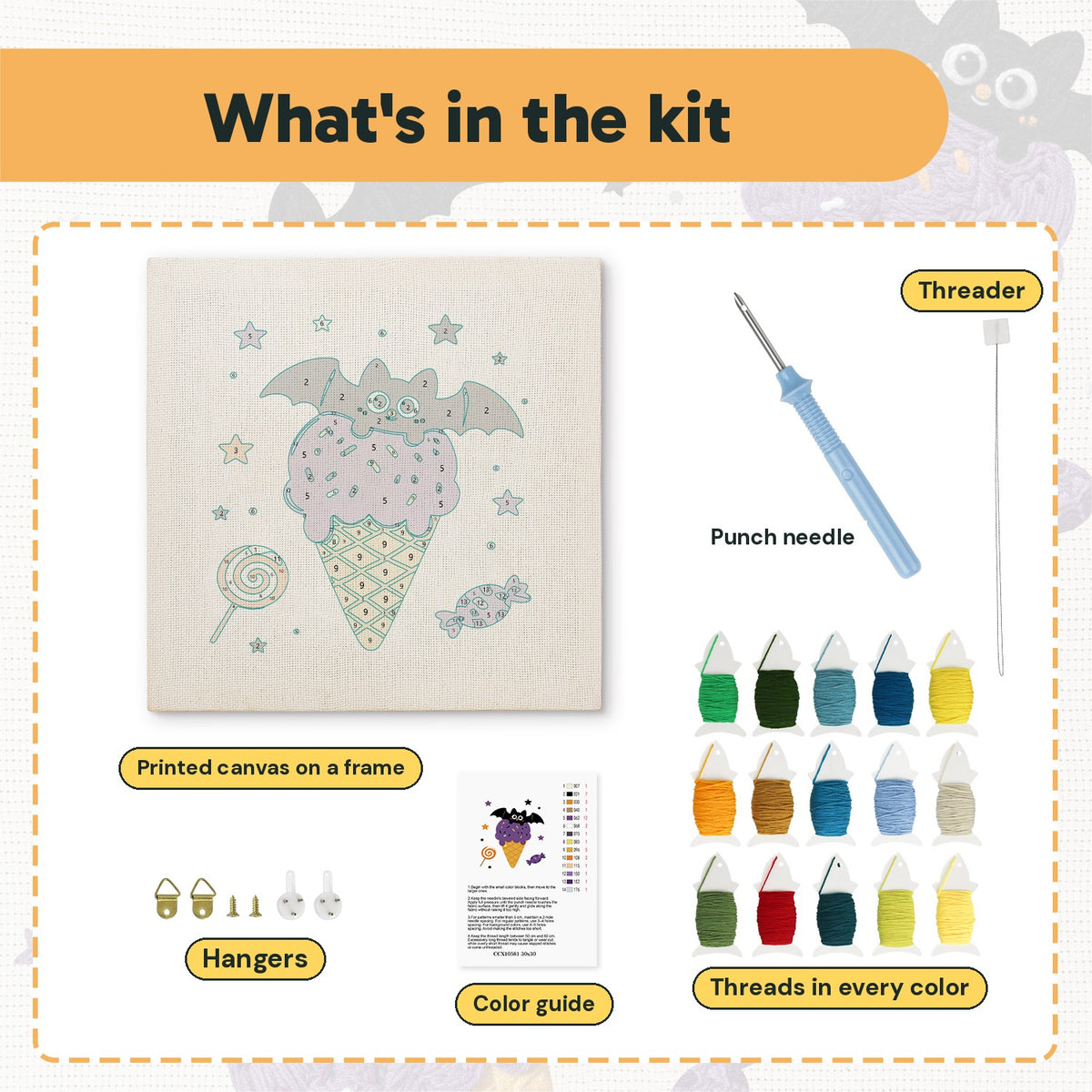 What is in the Batty Ice Cream kit: printed canvas, punch needle, threader, threads, color guide and hangers