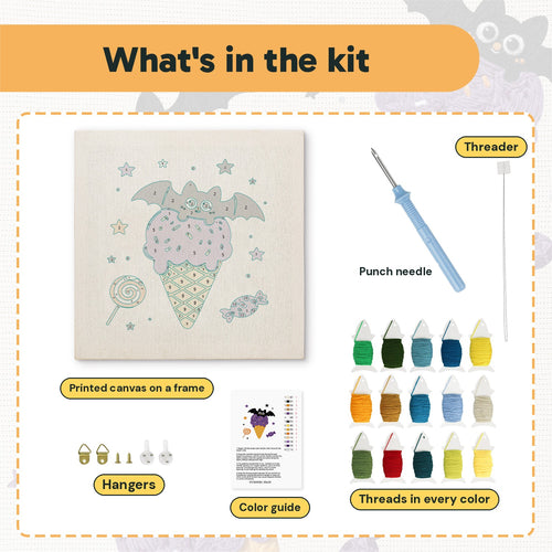 What is in the Batty Ice Cream kit: printed canvas, punch needle, threader, threads, color guide and hangers