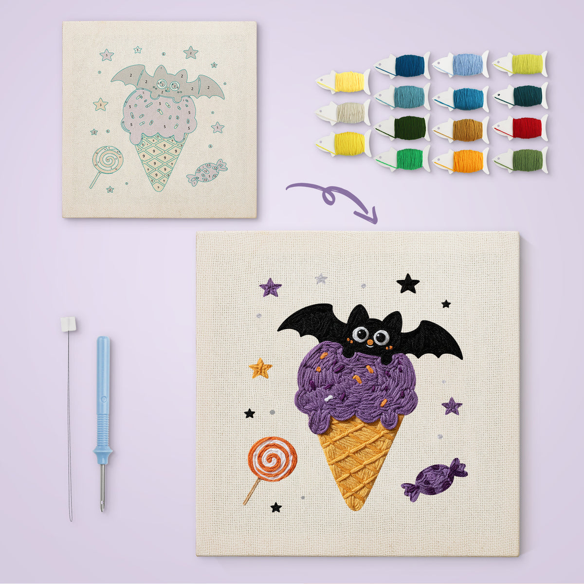 Batty Ice Cream canvas before and after punching, with the threads and tools