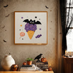 Finished Batty Ice Cream punch needle canvas on a wall