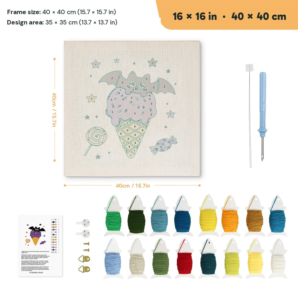 Batty Ice Cream punch needle kit, 16 × 16 in (40 × 40 cm): canvas size and kit contents