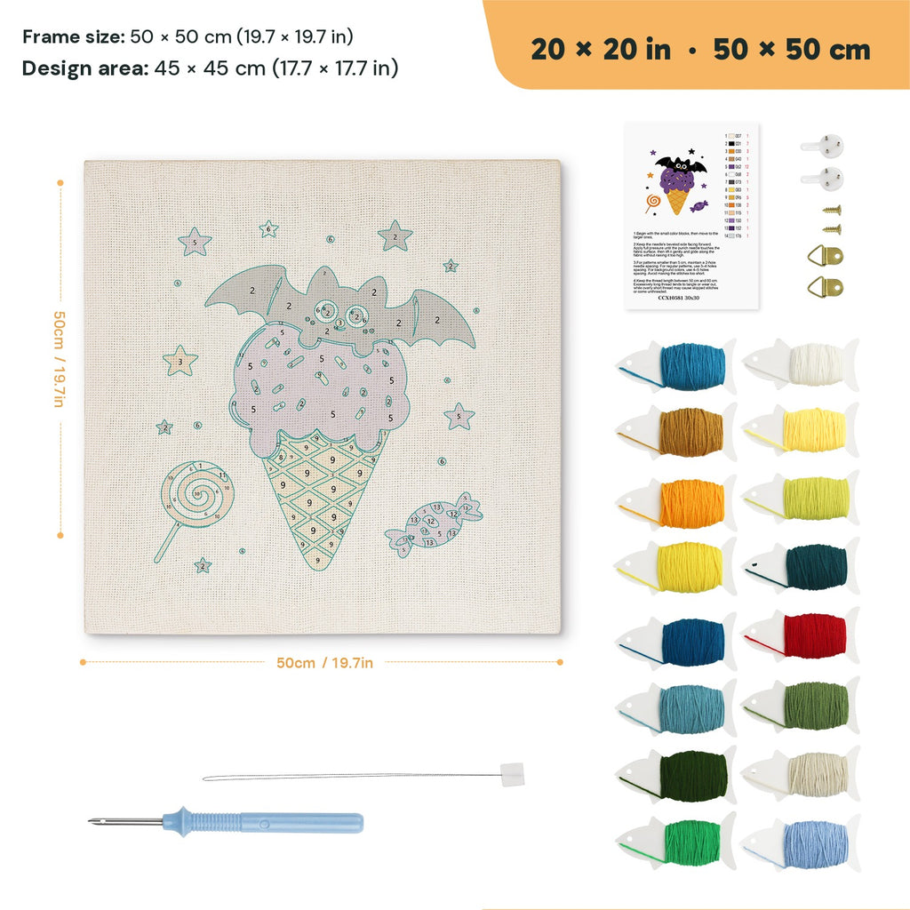 Batty Ice Cream punch needle kit, 20 × 20 in (50 × 50 cm): canvas size and kit contents