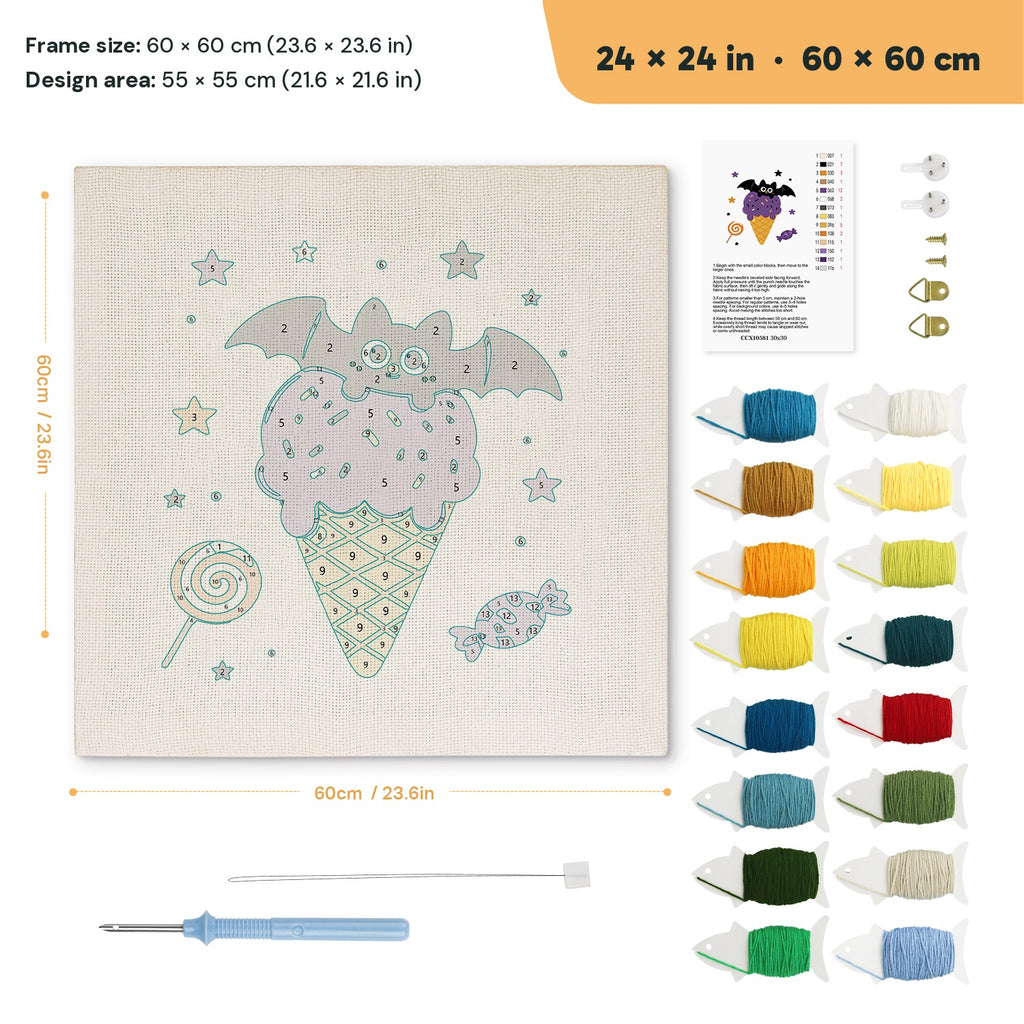 Batty Ice Cream punch needle kit, 24 × 24 in (60 × 60 cm): canvas size and kit contents
