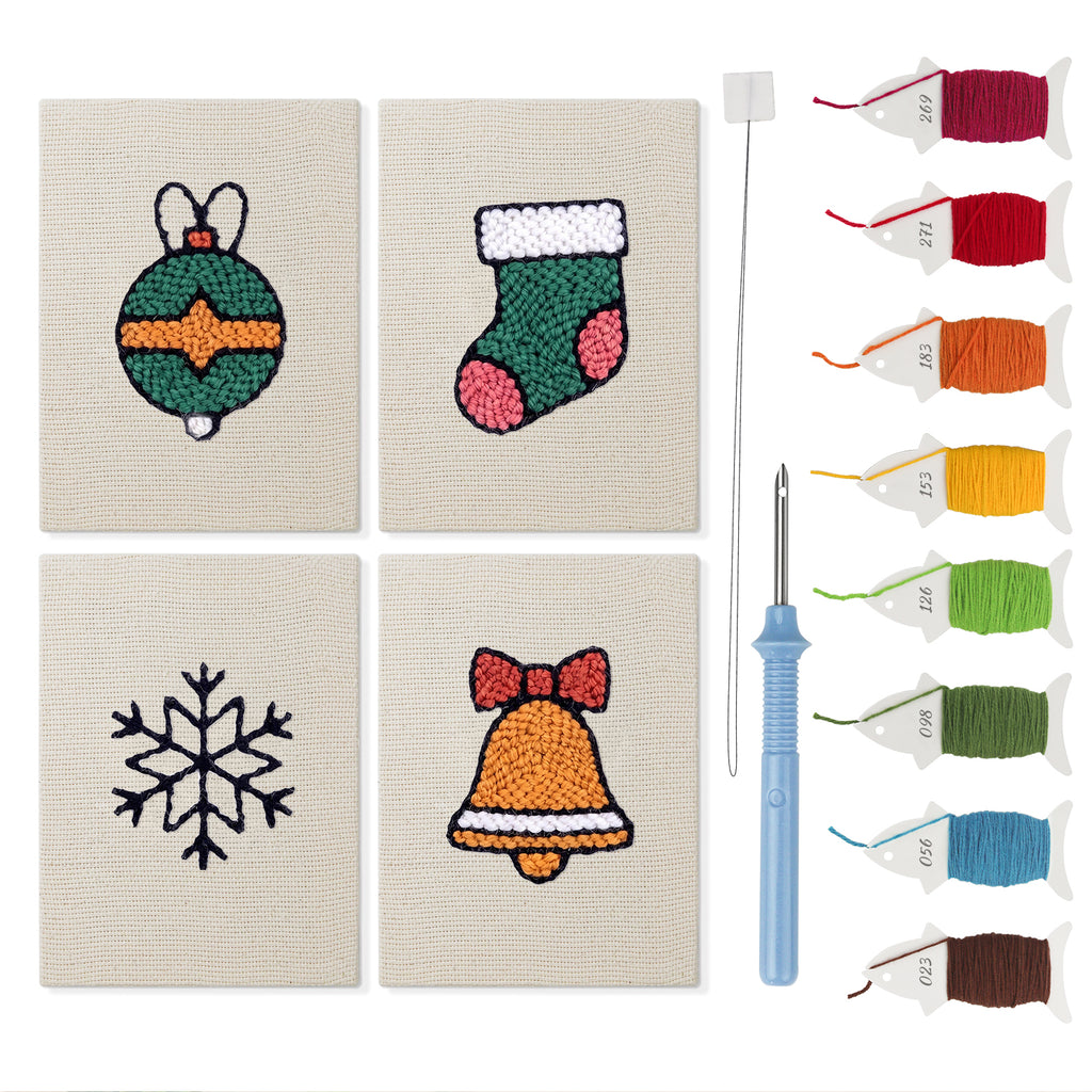 Bauble and Snowflake mini punch needle kit set: four finished canvases with threads, punch needle and threader