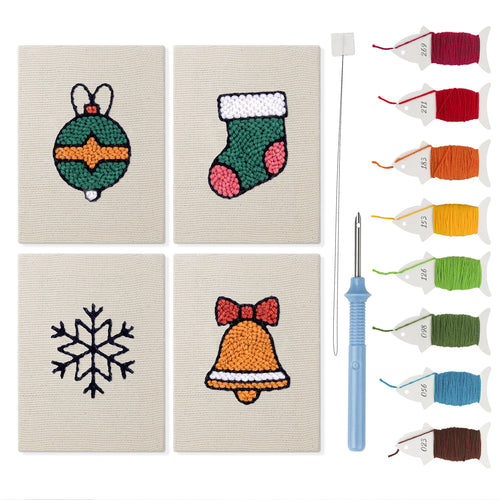 Bauble and Snowflake mini punch needle kit set: four finished canvases with threads, punch needle and threader
