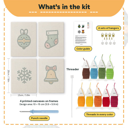 What is in the Bauble and Snowflake set: 4 printed canvases, punch needle, threader, threads, color guide and 4 sets of hangers (6 × 8 in (15 × 20 cm) each)